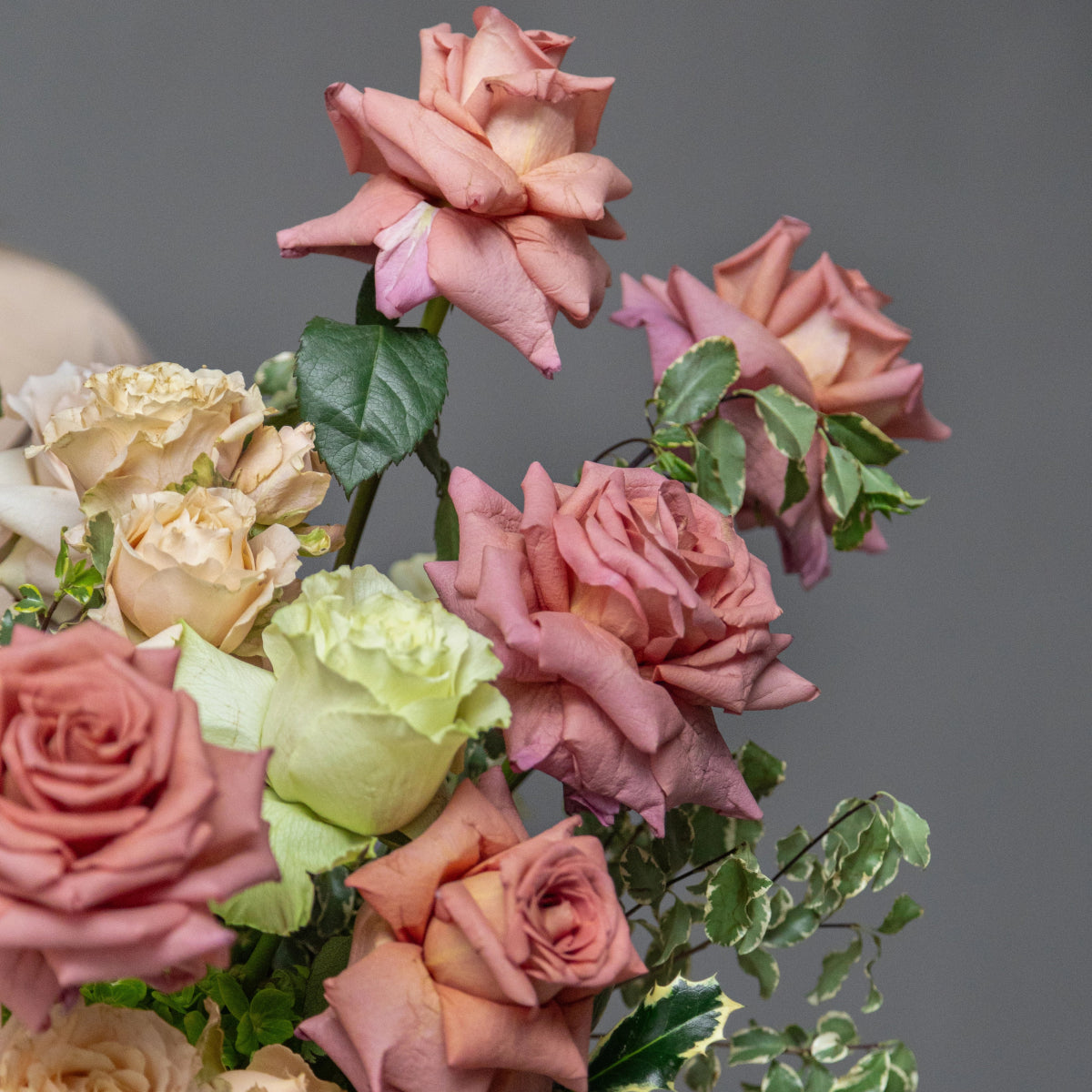 Mixed rose bouquet with pink, coral, cream and green roses plus green foliage on gray background