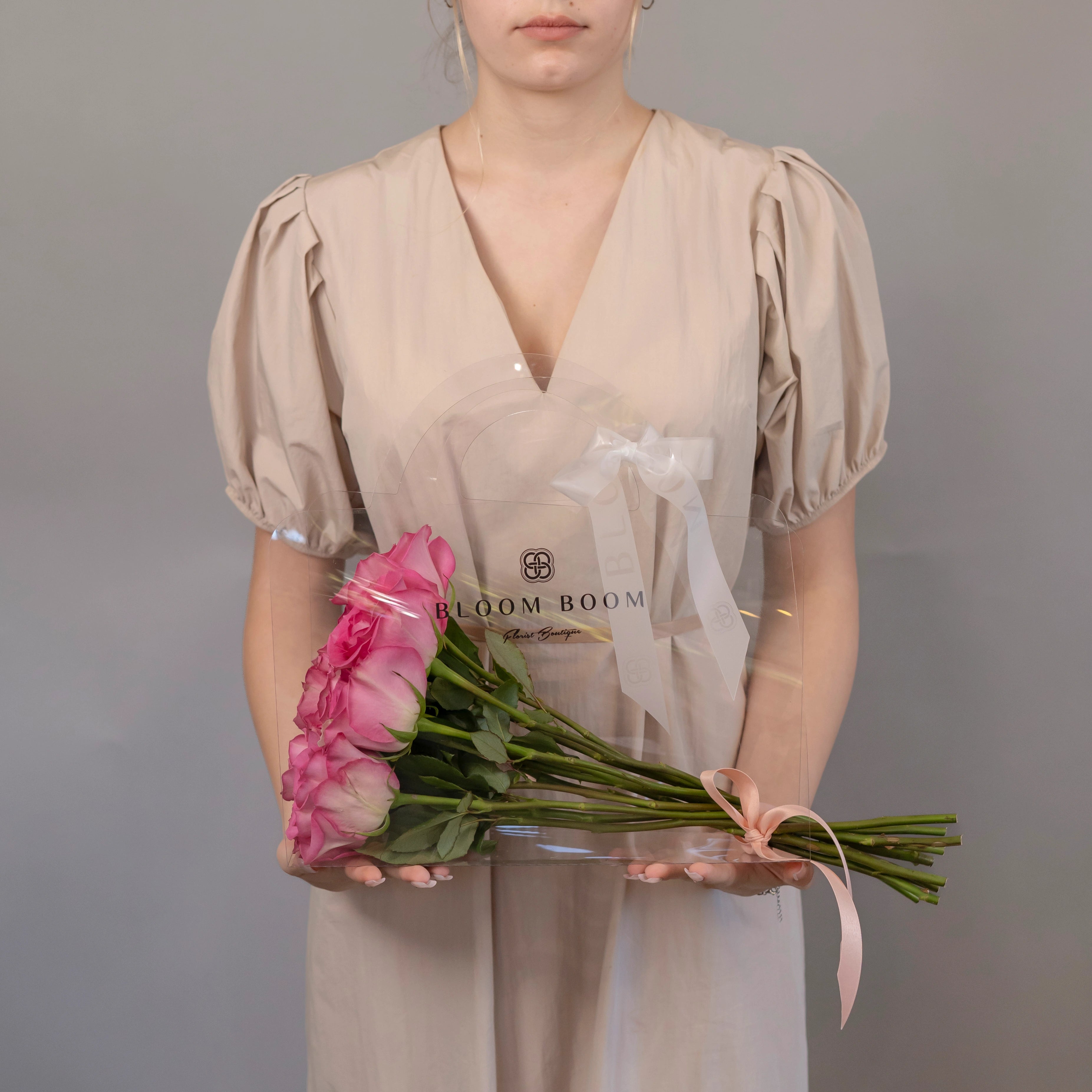 Pink roses bouquet with Bloom Boom gift bag and ribbon - premium flower delivery Los Angeles florist