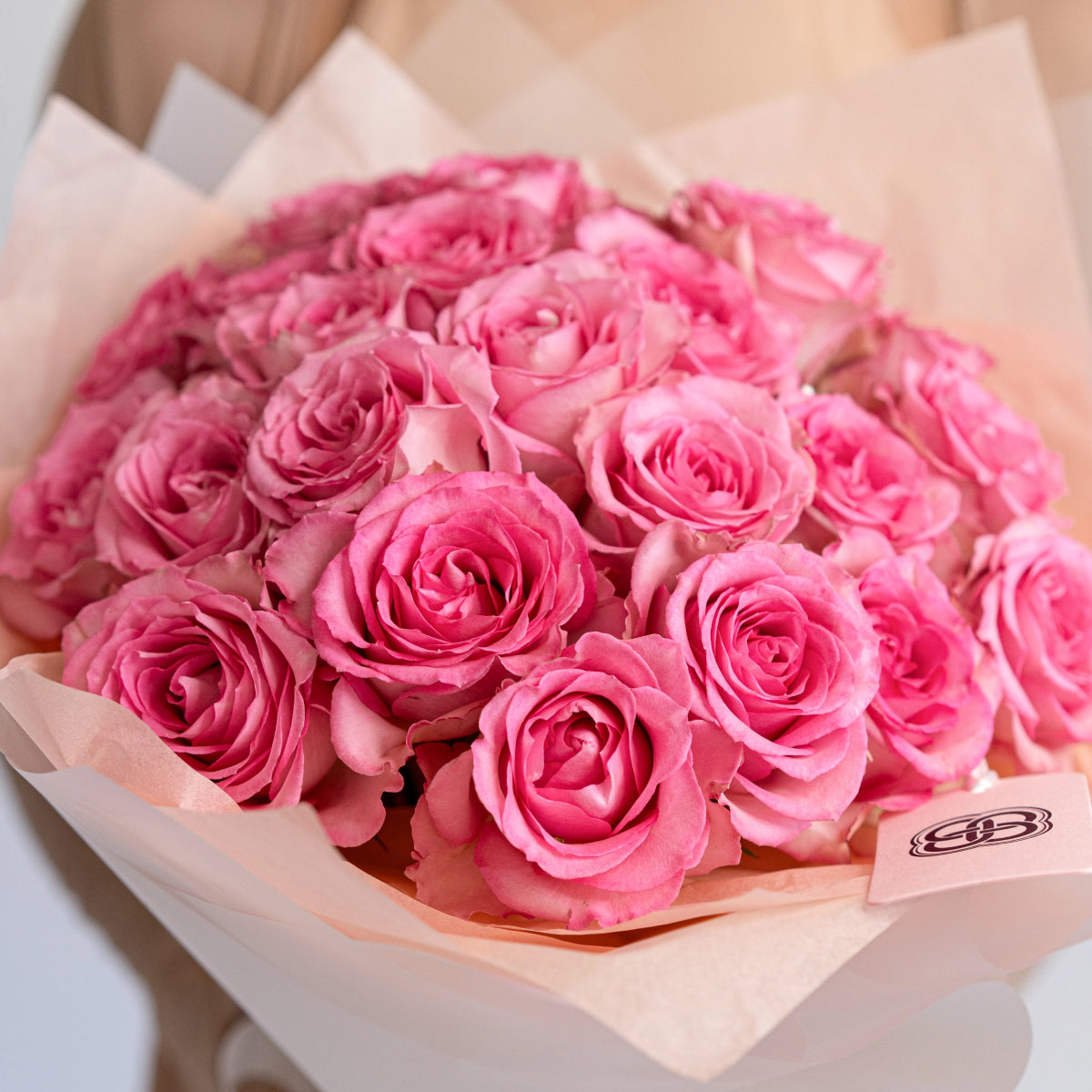 Pink roses bouquet wrapped in blush paper packaging with elegant ribbon bow