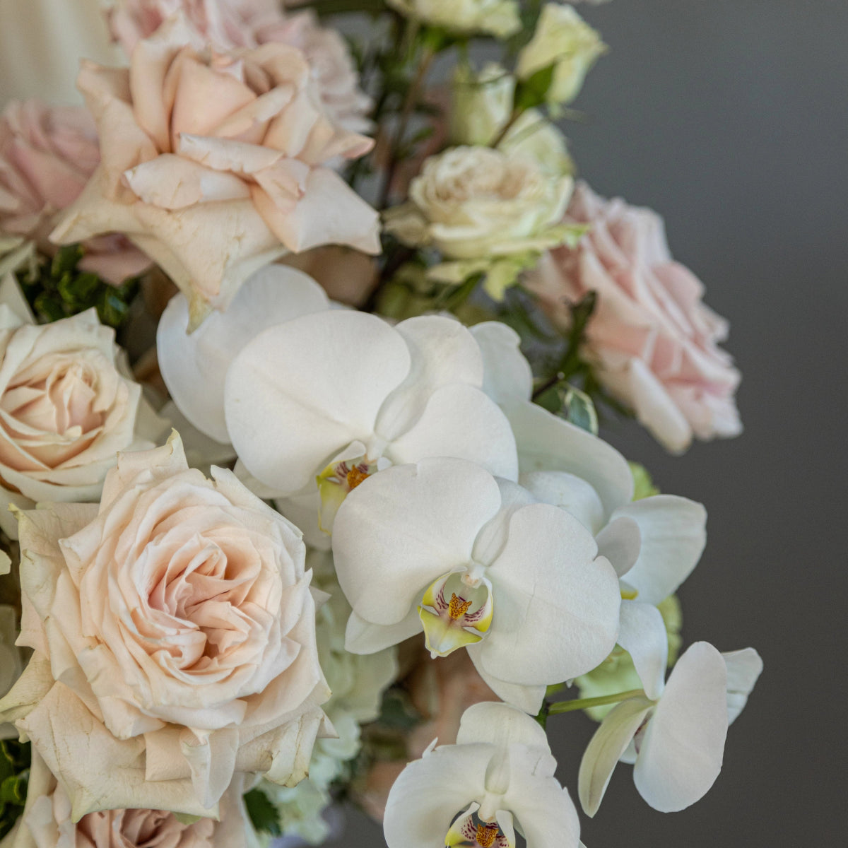 Elegant bridal bouquet with soft pink roses, white orchids, and cream flowers on gray background