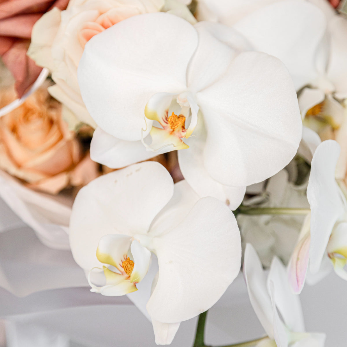 White orchid flowers with orange centers in elegant arrangement with peach roses and hydrangeas
