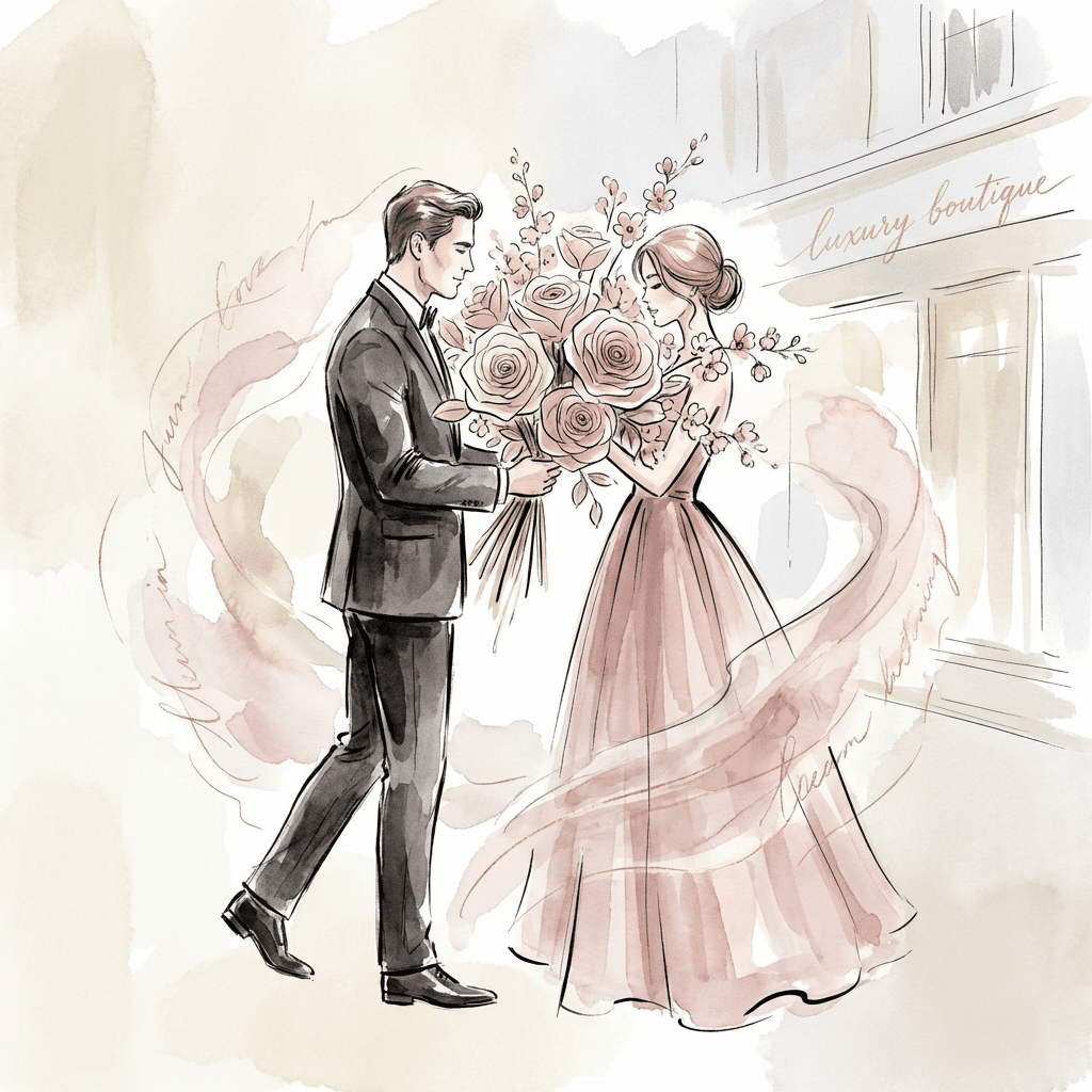 Romantic husband presenting 1st anniversary flowers to his wife