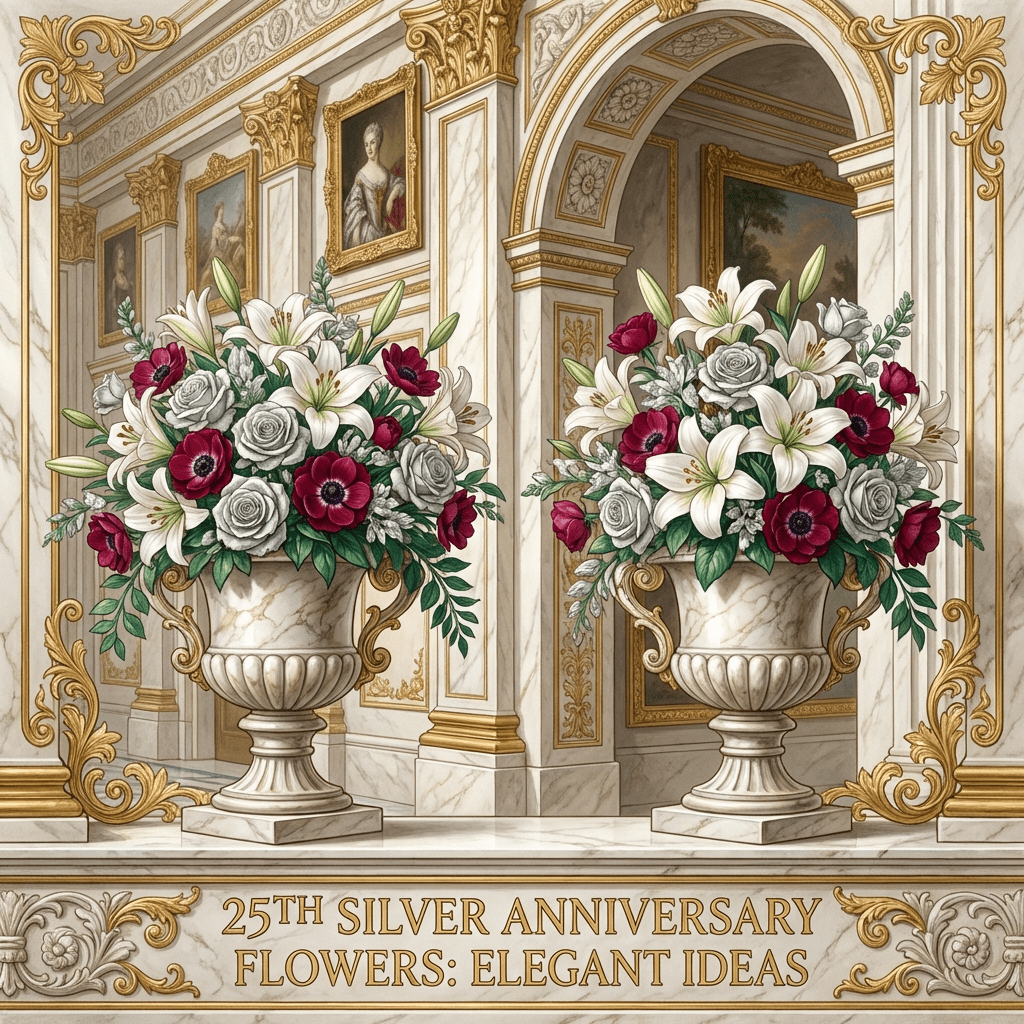 Elegant bouquet of silver anniversary flowers including white lilies and silver roses.