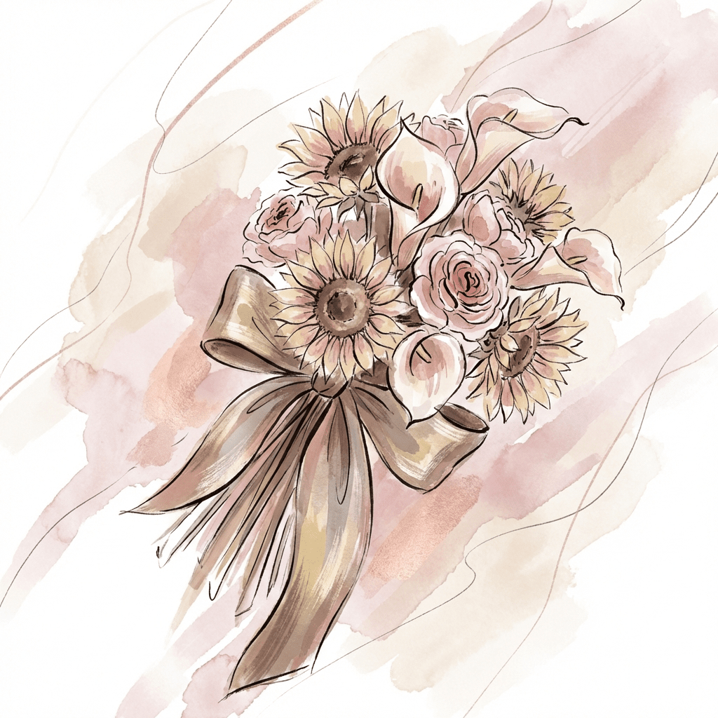 Romantic bouquet of sunflowers, calla lilies, and garden roses for a 3rd wedding anniversary.