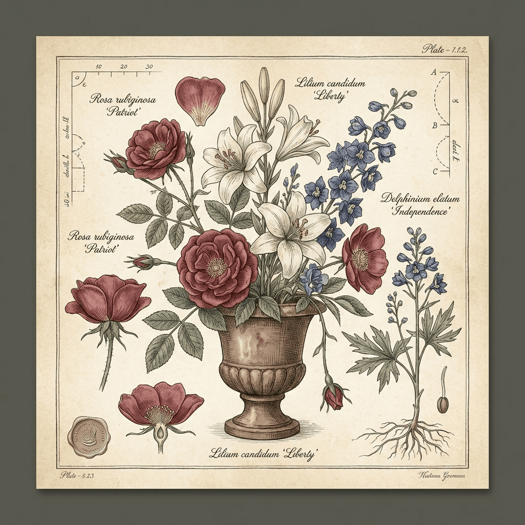 Patriotic 4th of July flower arrangement with red, white, and blue blooms