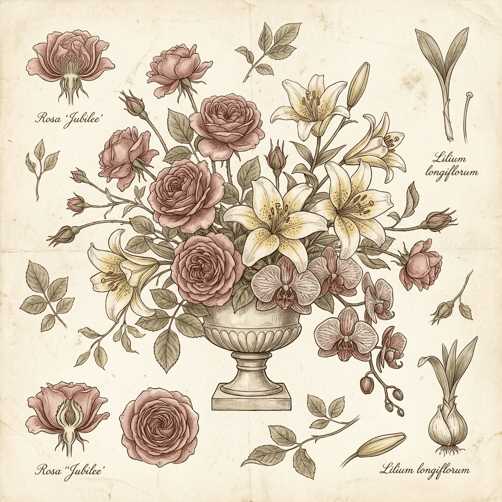 Stunning arrangement of roses, lilies, and orchids perfect for a 50th birthday celebration.