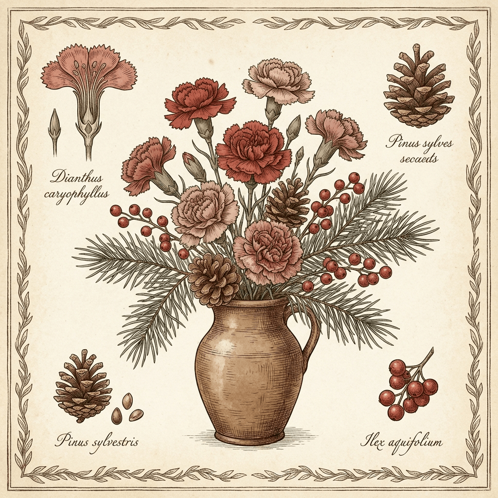 Budget Christmas centerpiece with carnations, pinecones and berries.