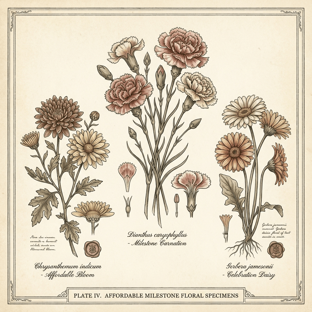 Affordable milestone birthday flower arrangement featuring carnations, chrysanthemums, and gerbera daisies.