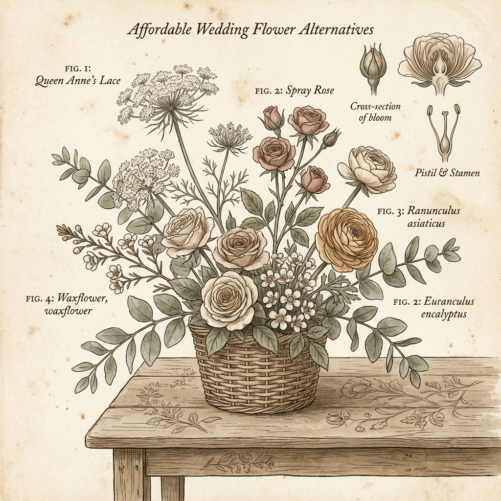 Affordable wedding flower alternatives displayed in a beautiful rustic setting.