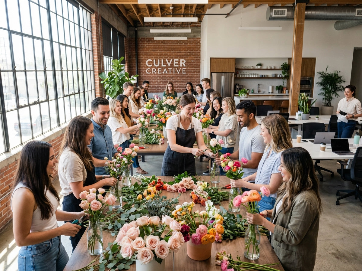 Flower arranging workshop during lunch break at creative agency in Culver City