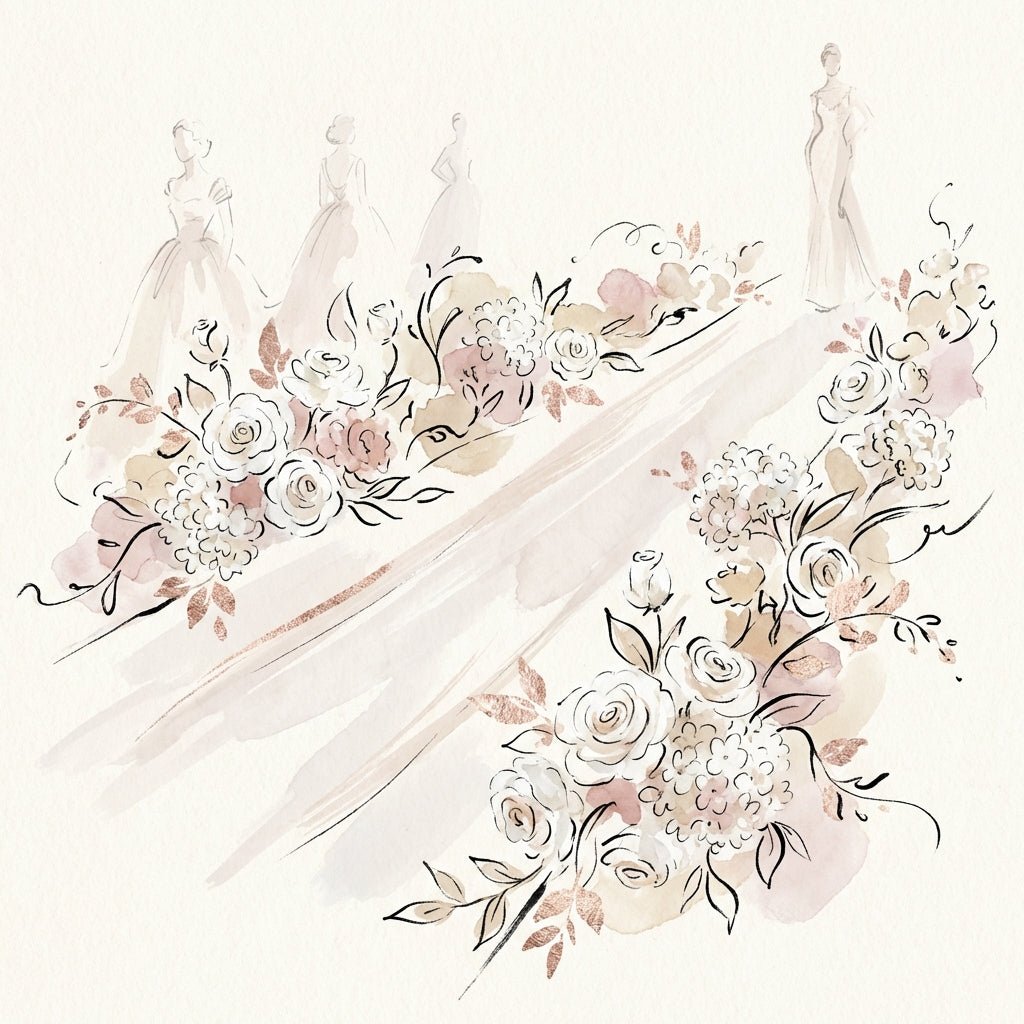 Elegant wedding aisle runner with white roses and hydrangeas