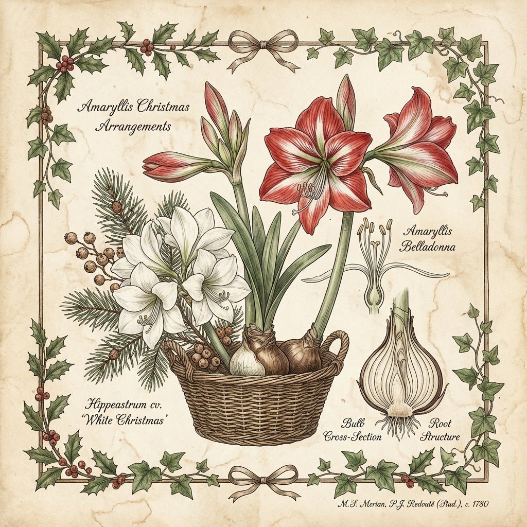 Stunning amaryllis Christmas arrangement with red and white blooms.