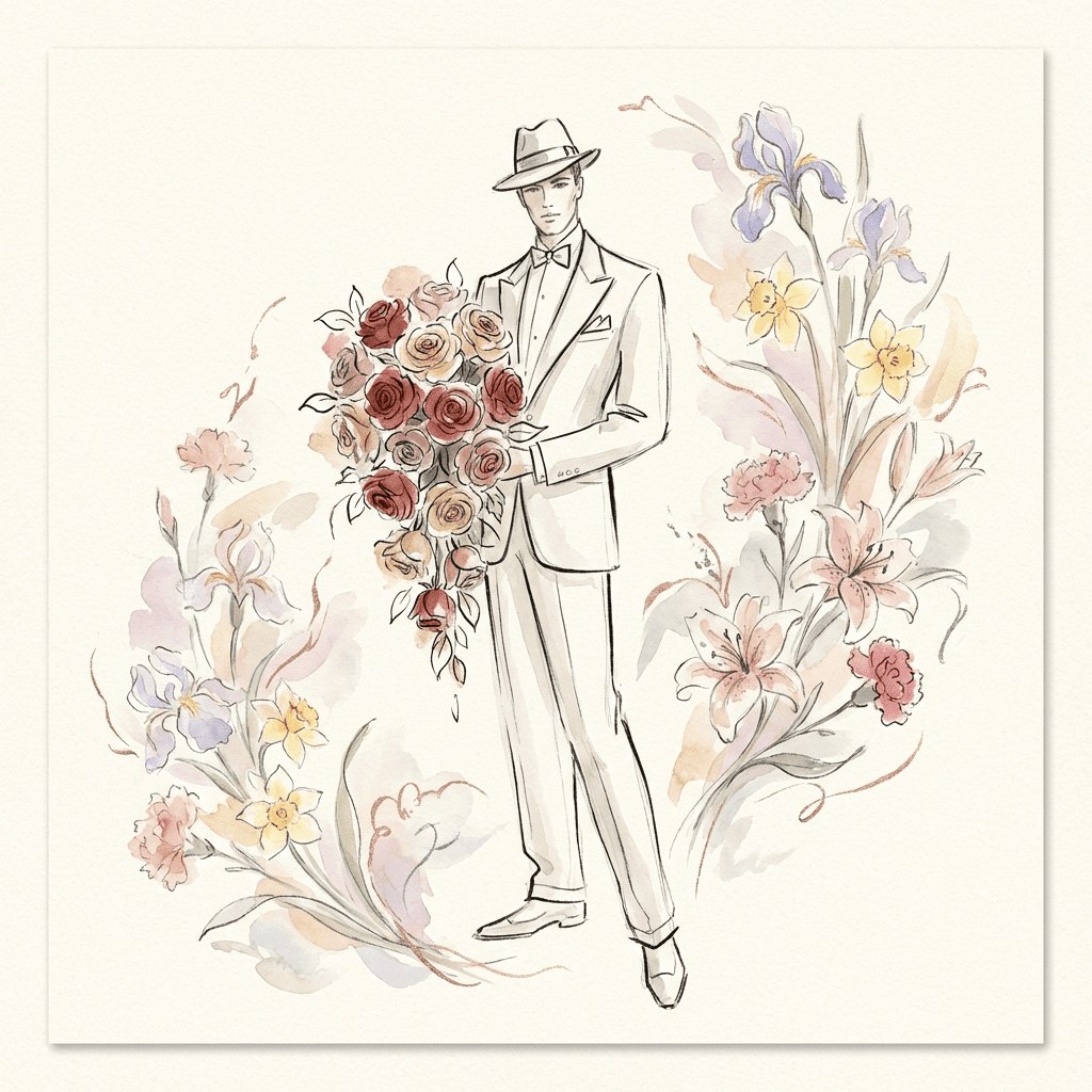 Romantic man holding a bouquet of red roses for his anniversary