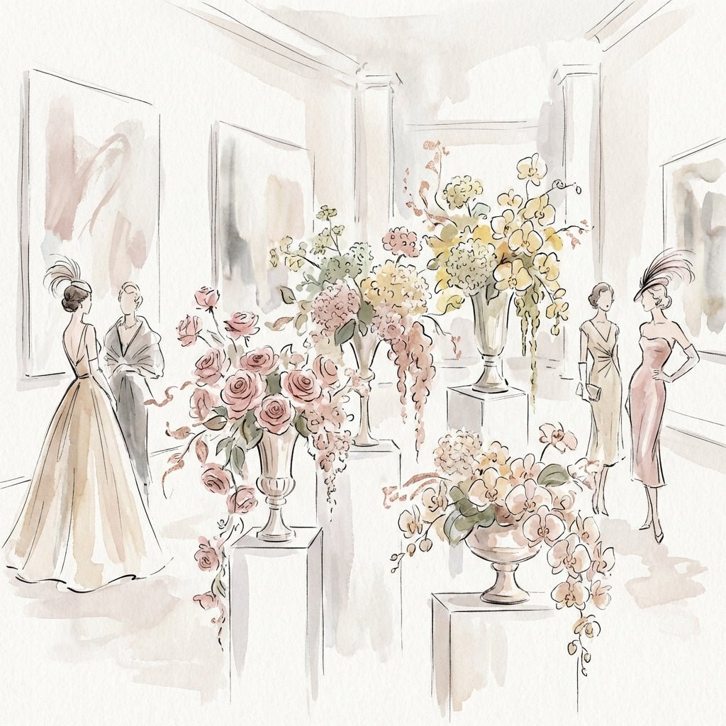 Elegant floral arrangements at an art gallery opening.