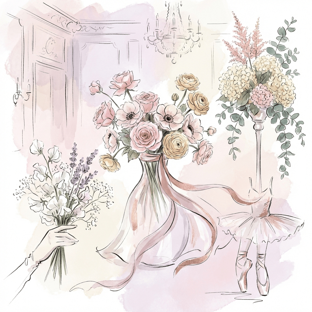 Elegant ballet party flower arrangements in pastel colors.