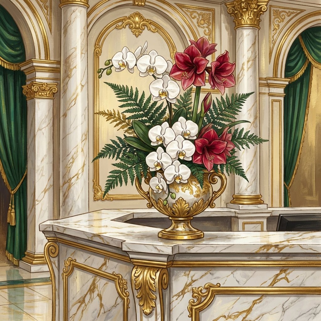 Elegant bank lobby featuring a modern orchid arrangement on a reception desk.