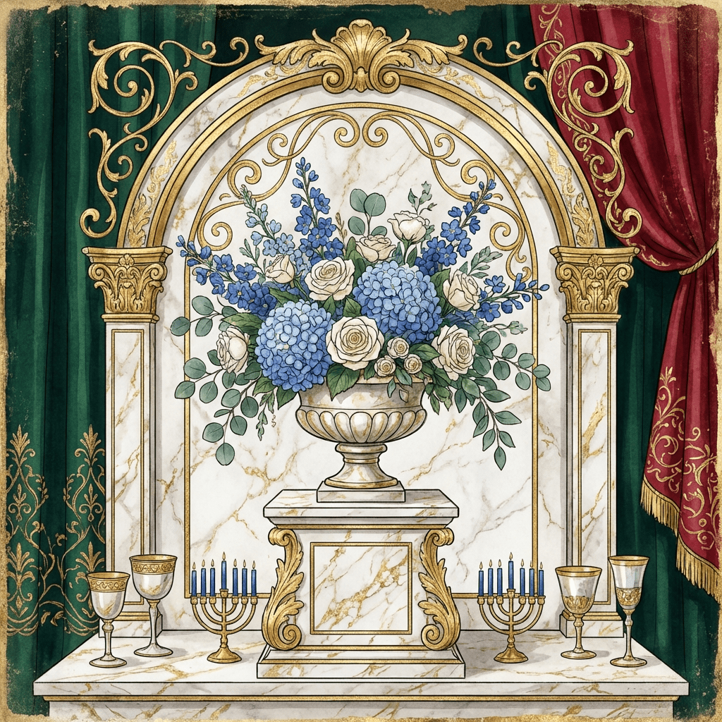 Elegant blue and white floral centerpiece at a Bar Mitzvah celebration.