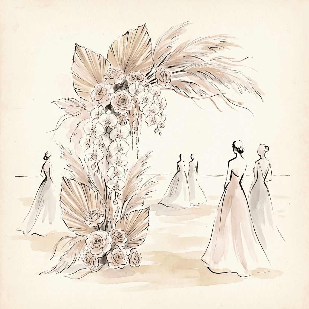 Beach wedding floral arch with white orchids and pampas grass.