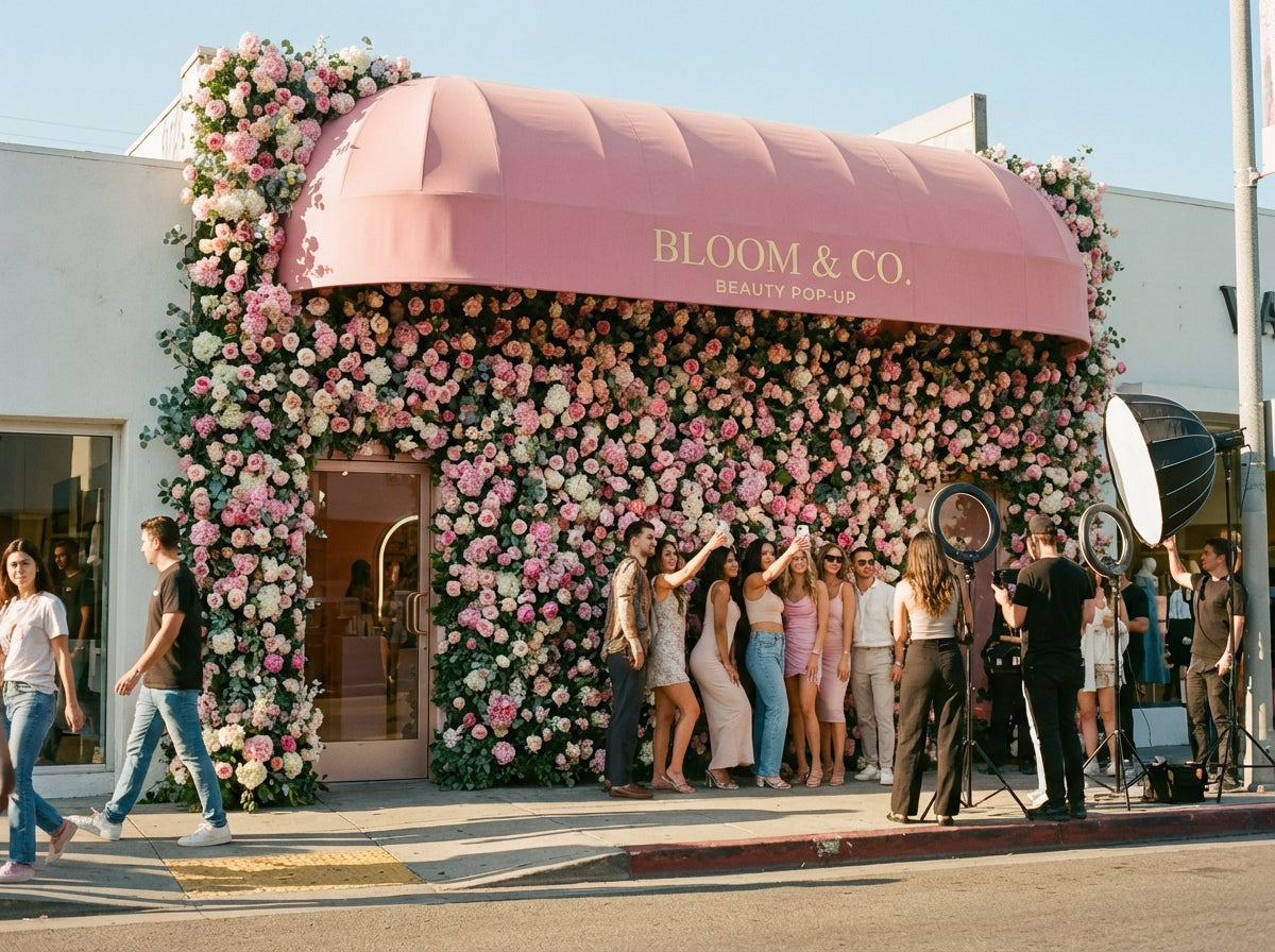 Instagram-worthy flower wall at beauty brand pop-up on Melrose Avenue
