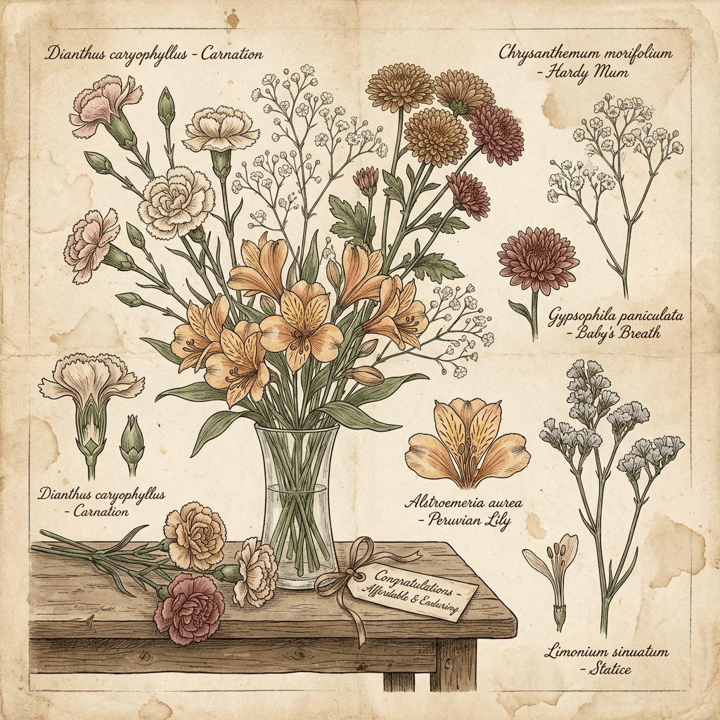 Affordable congratulations flowers on a table.