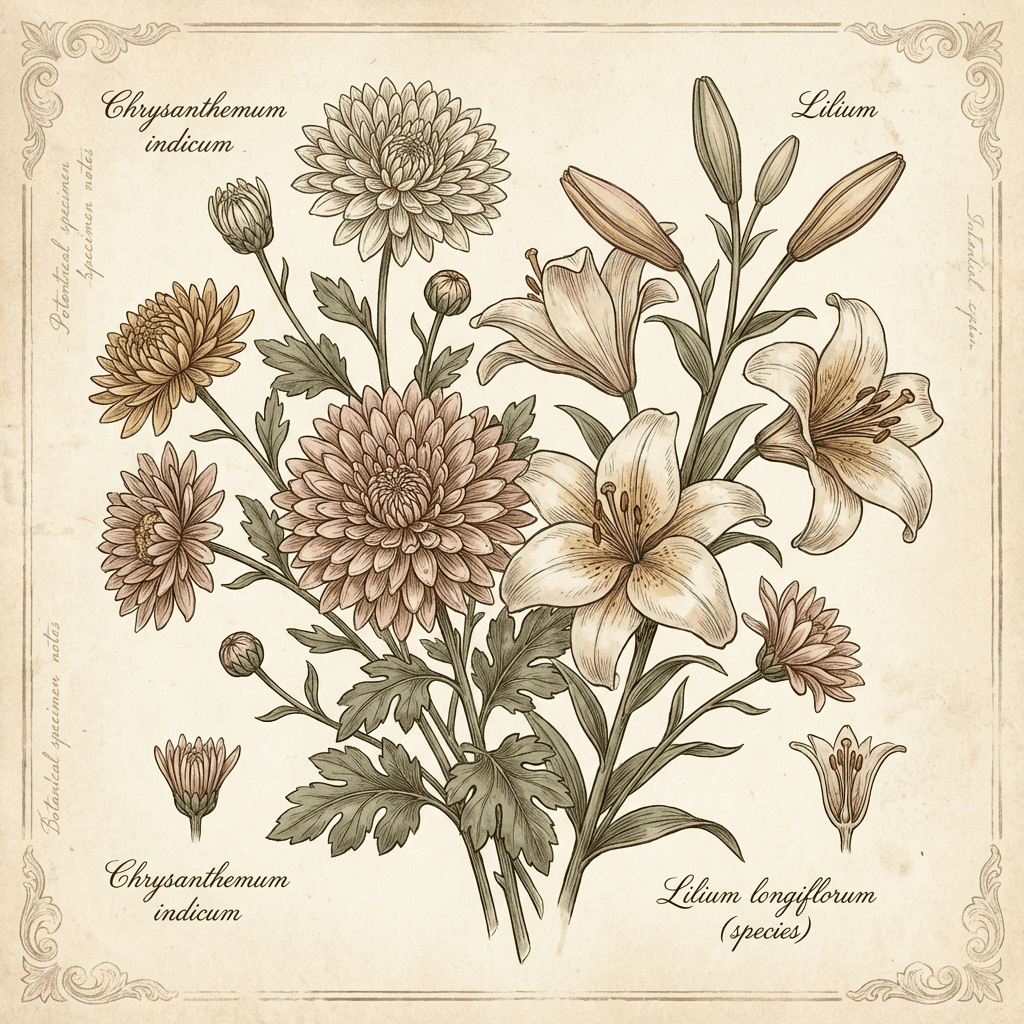 Bouquet of long-lasting flowers including chrysanthemums and lilies