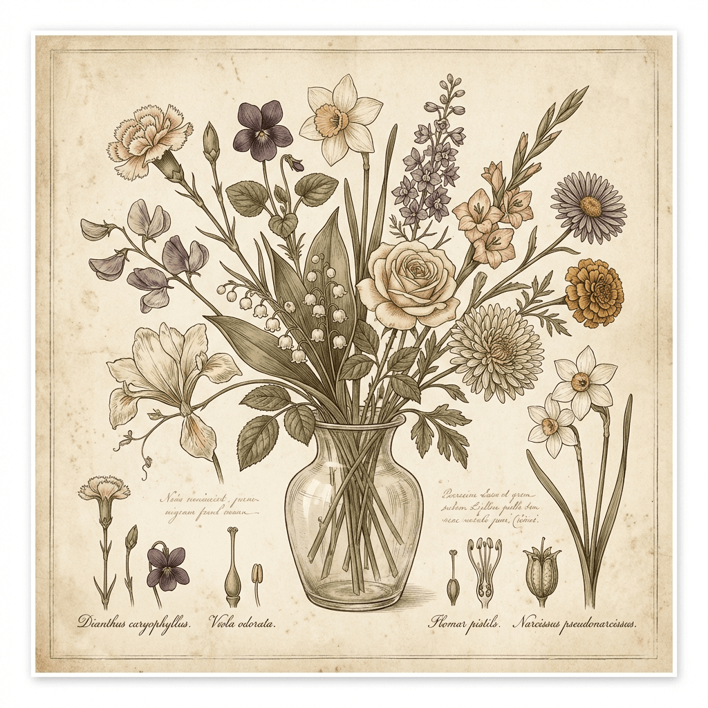 Colorful assortment of birth month flowers in a vase.