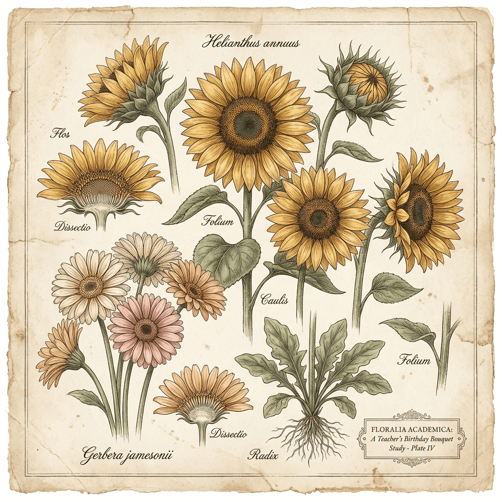 Cheerful bouquet of sunflowers and gerbera daisies for a teacher's birthday.