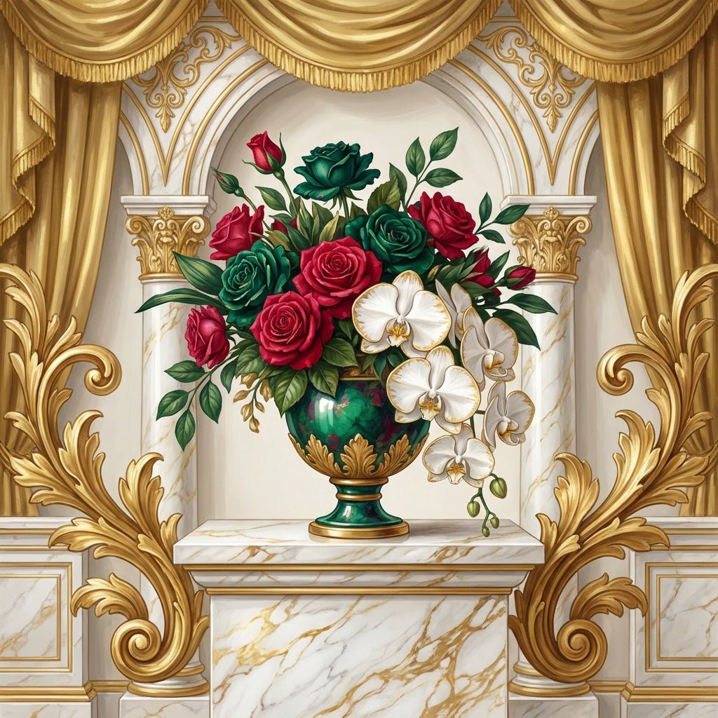 Elegant floral arrangement with orchids and roses for a boardroom table.
