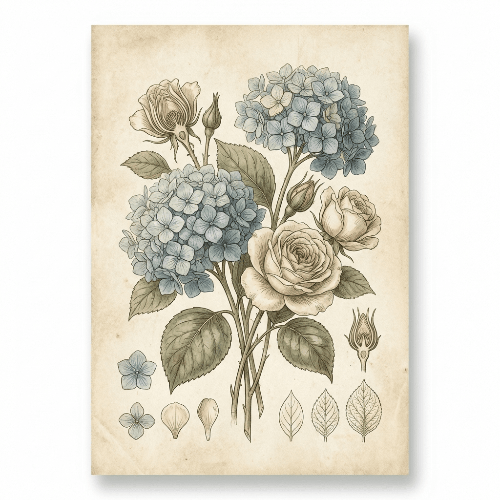 Blue hydrangeas and white roses arrangement for a baby shower