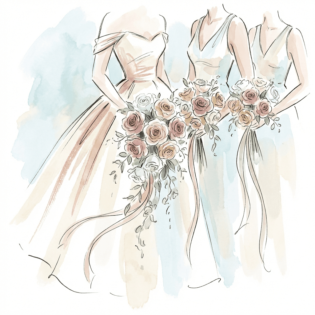 Bridesmaid bouquets complementing a bridal gown at a wedding.