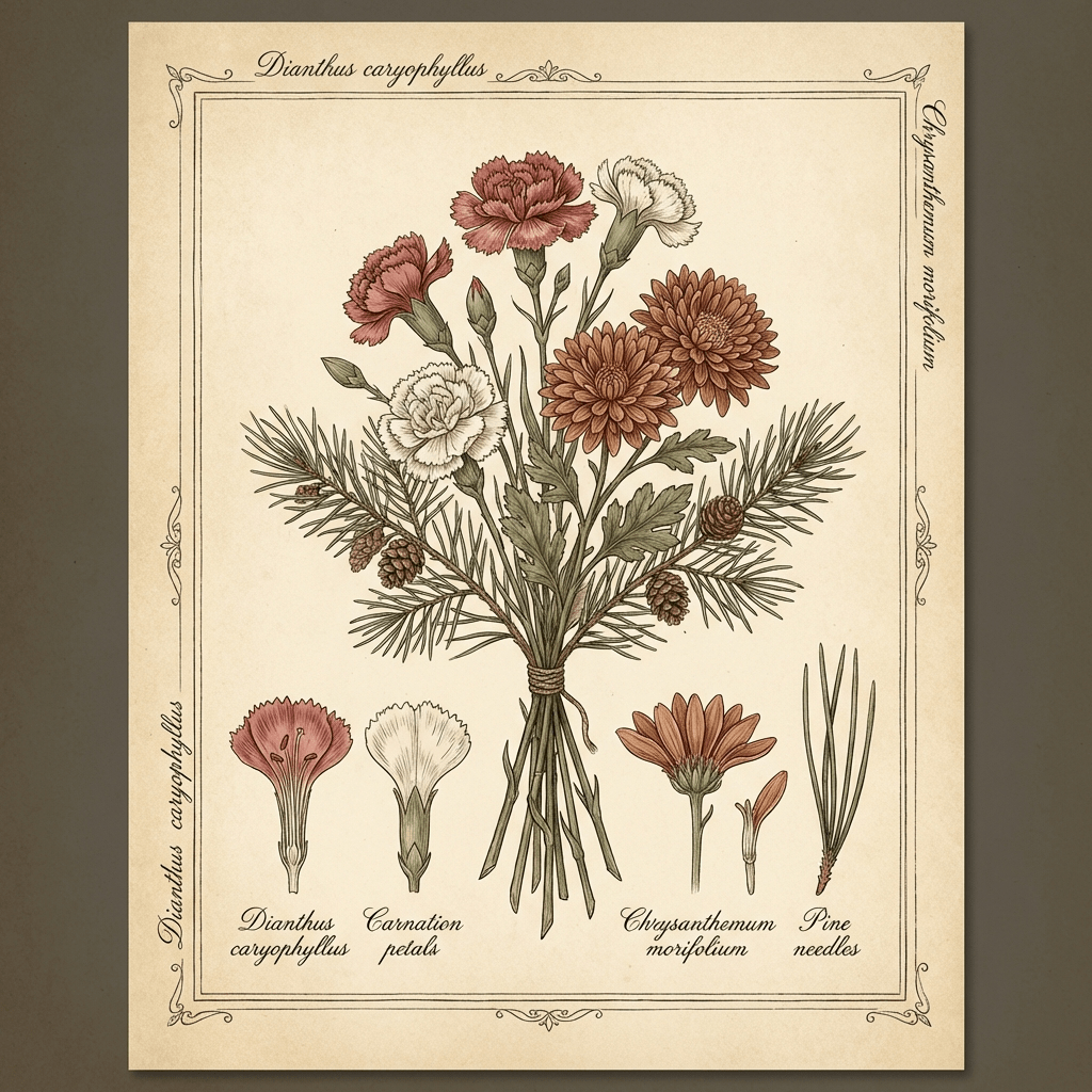 Affordable holiday flower arrangement with carnations, chrysanthemums, and pine branches.