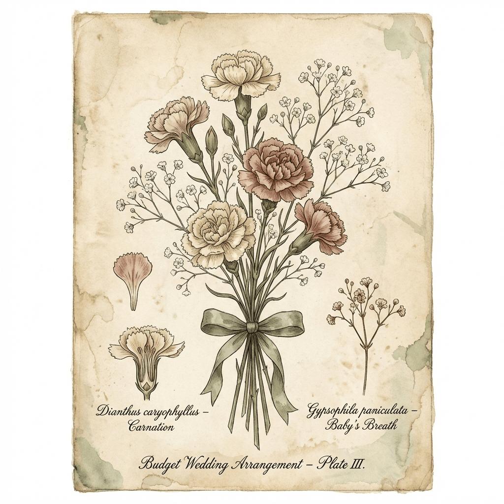 Beautiful budget wedding flower arrangement with carnations and baby's breath.