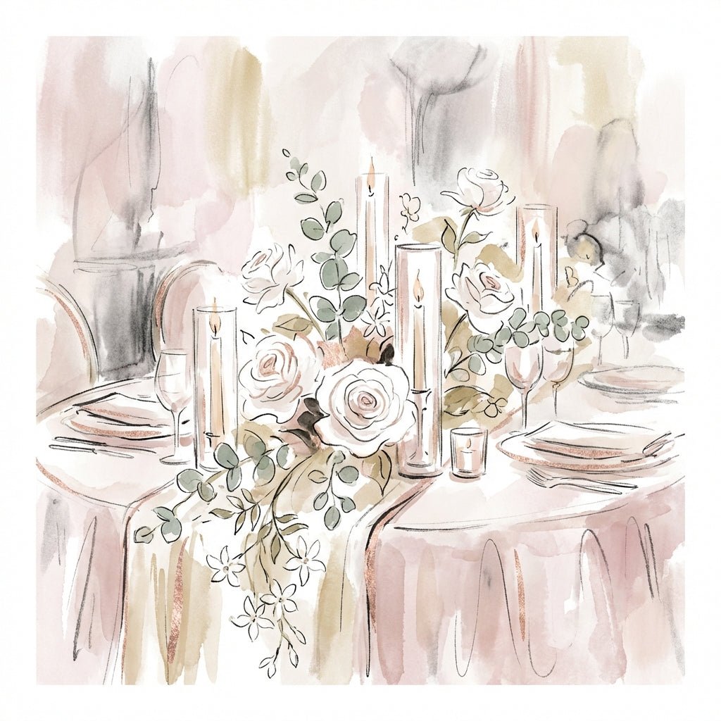 Elegant wedding centerpiece featuring white roses and flickering candles.