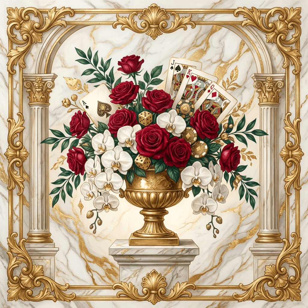 Elegant casino night party floral arrangement with red roses, white orchids, and playing cards