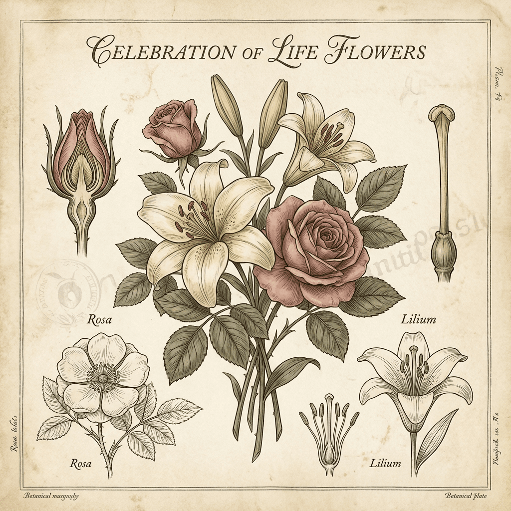 Celebration of life flowers arrangement with roses and lilies