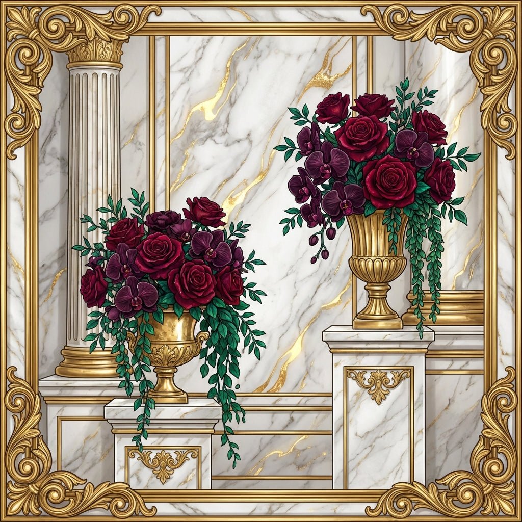 Elegant charity gala flower installation with roses and orchids.