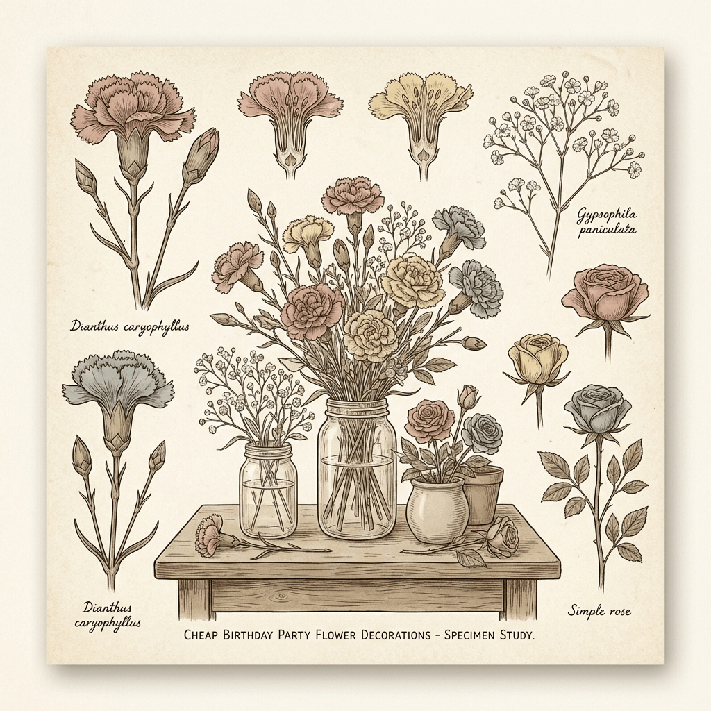 Colorful and cheap birthday party flower decorations displayed on a table.