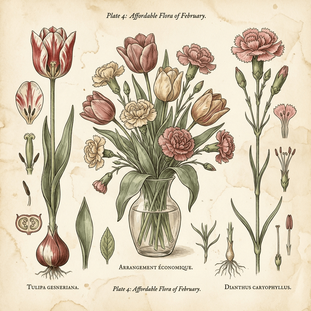 Beautiful and affordable Valentine's Day flower arrangement with tulips and carnations.