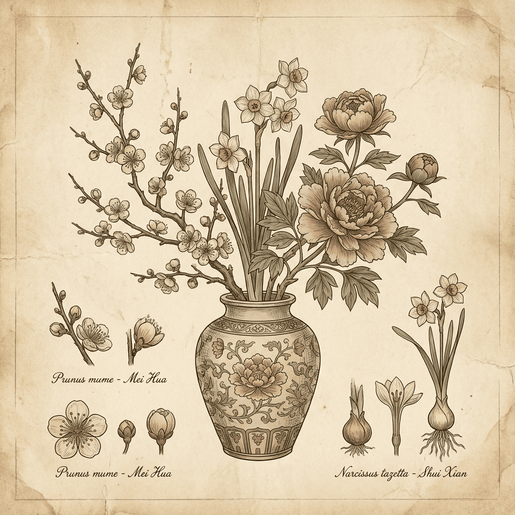 Auspicious Chinese New Year flowers arranged in a vase.