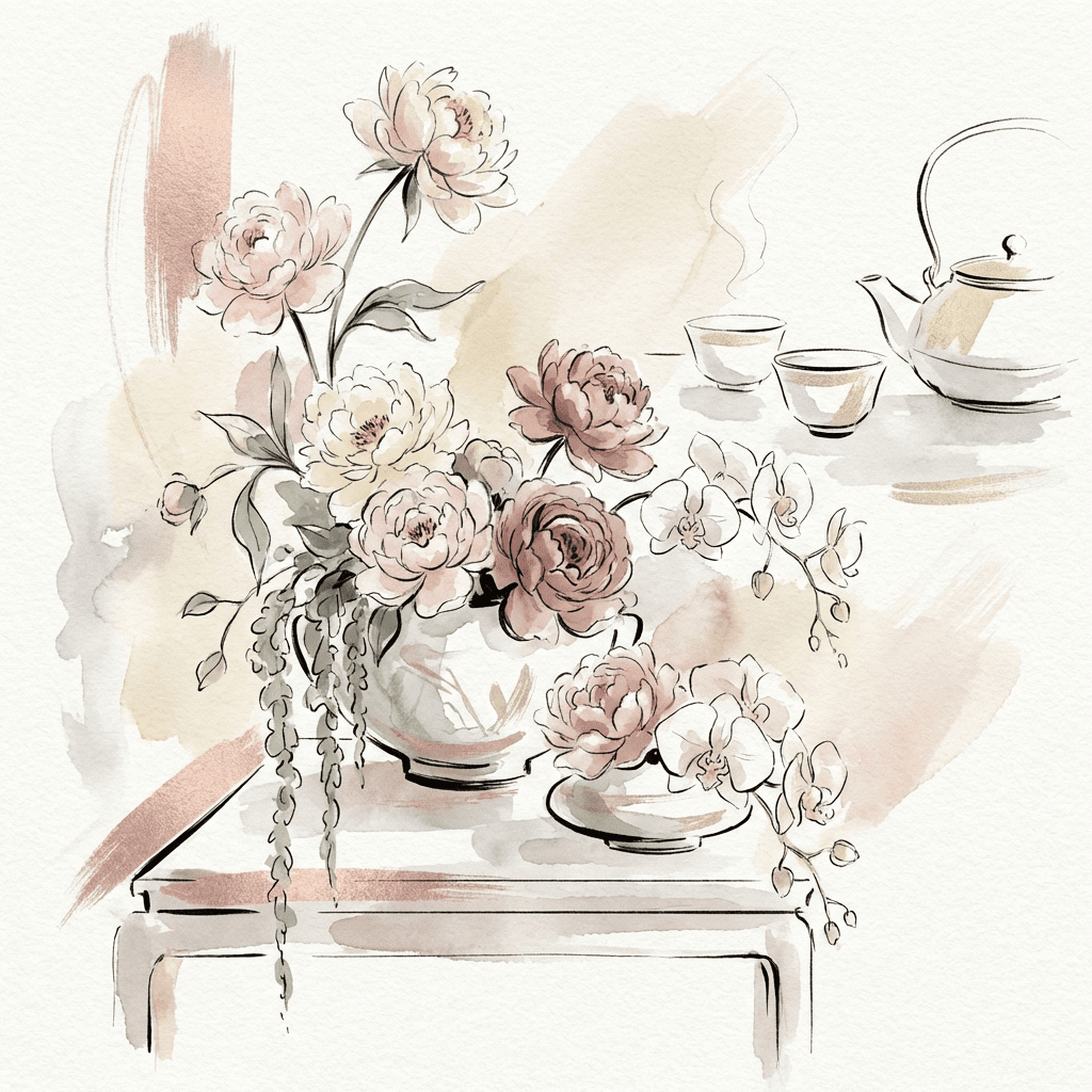 Elegant Chinese wedding tea ceremony with peonies and orchids