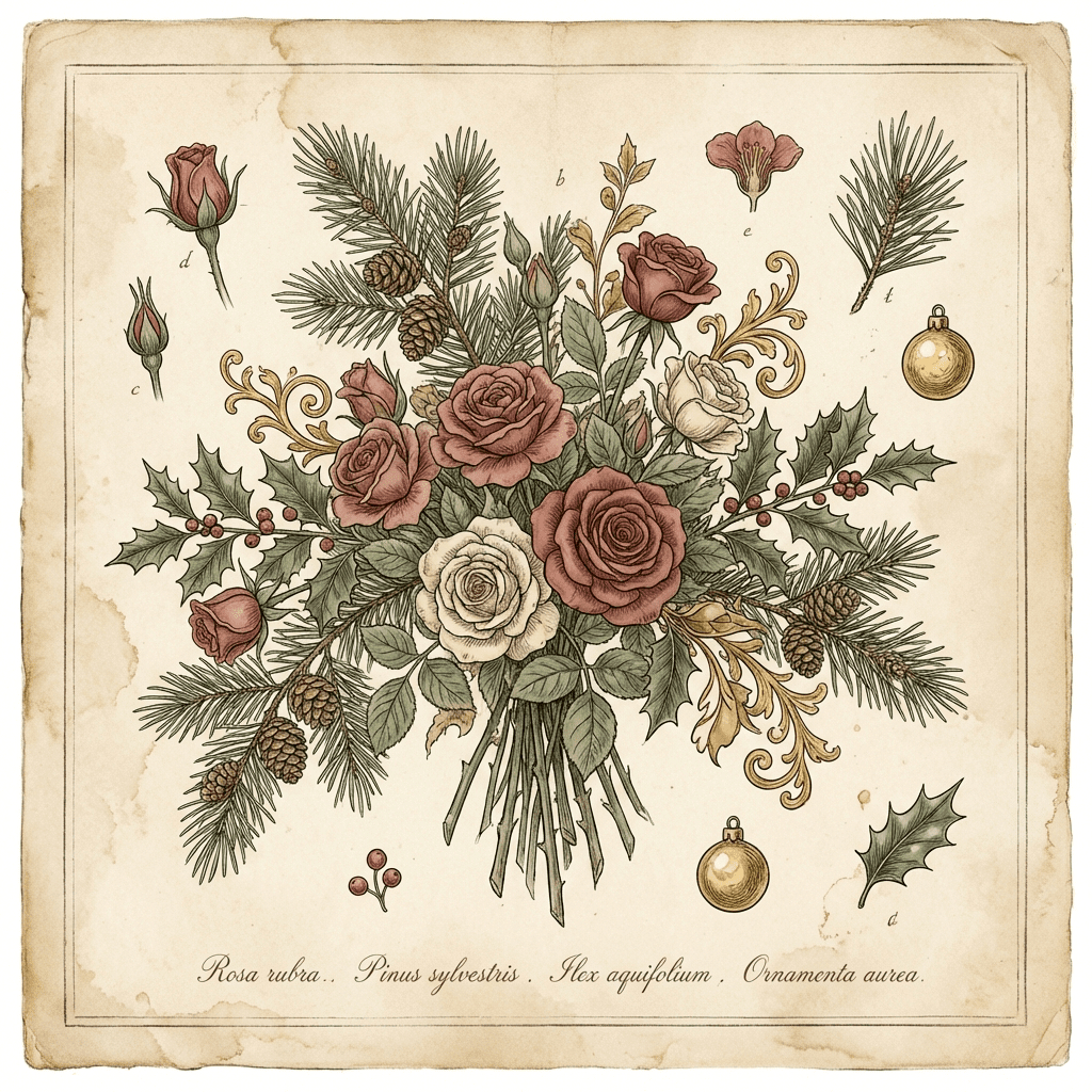 Elegant Christmas table setting with a lush floral centerpiece featuring red roses, pine branches, and gold accents.