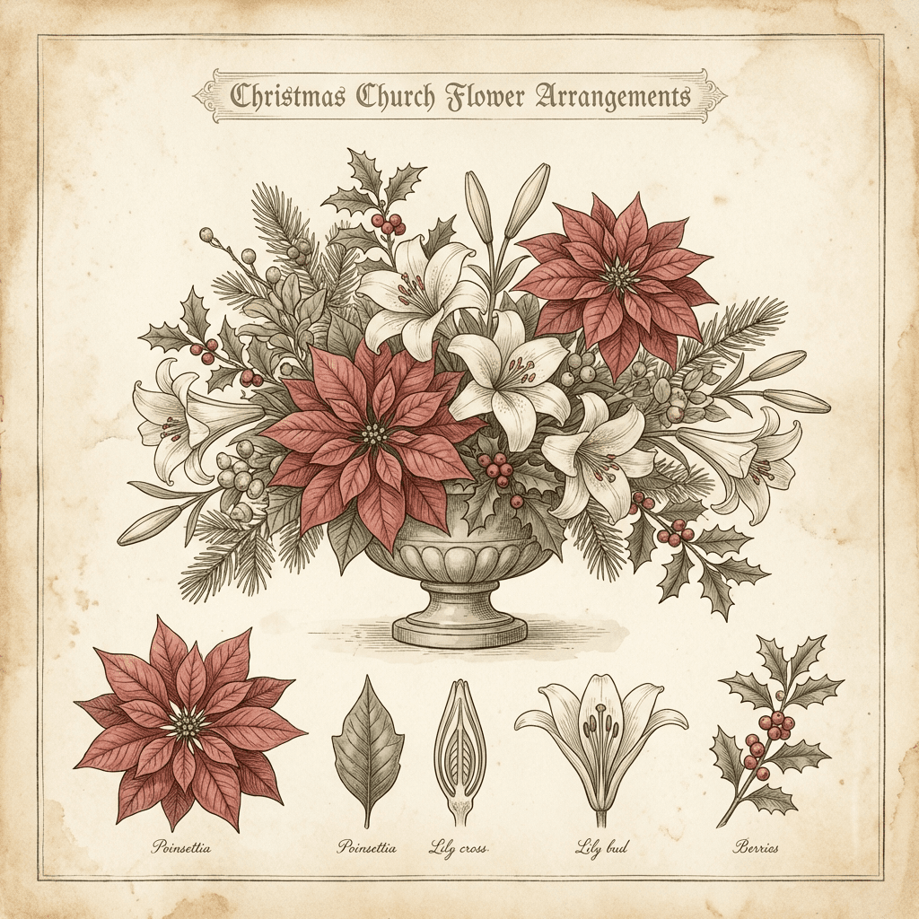 Beautiful Christmas church flower arrangement with red poinsettias and white lilies.