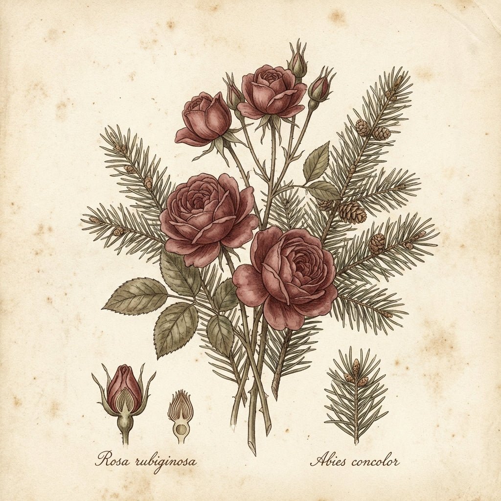 Beautiful Christmas flower arrangement with red roses and evergreen branches.
