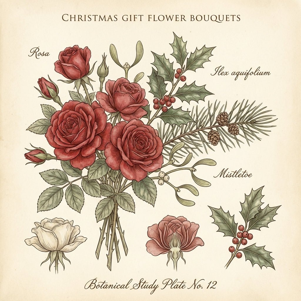 Beautiful Christmas flower bouquet with red roses and evergreens