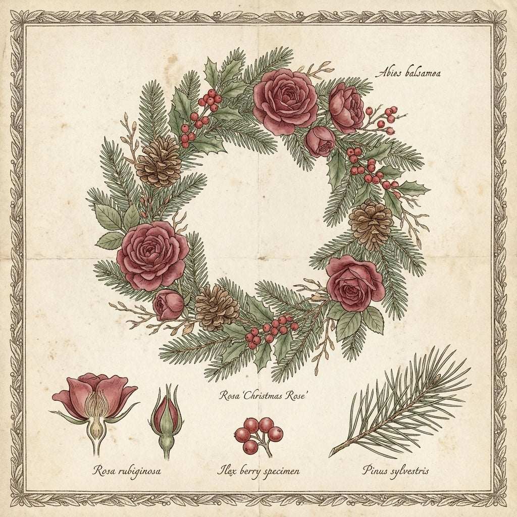 Festive Christmas wreath adorned with fresh red roses, evergreen branches, pinecones and red berries, hung on a rustic wooden door.
