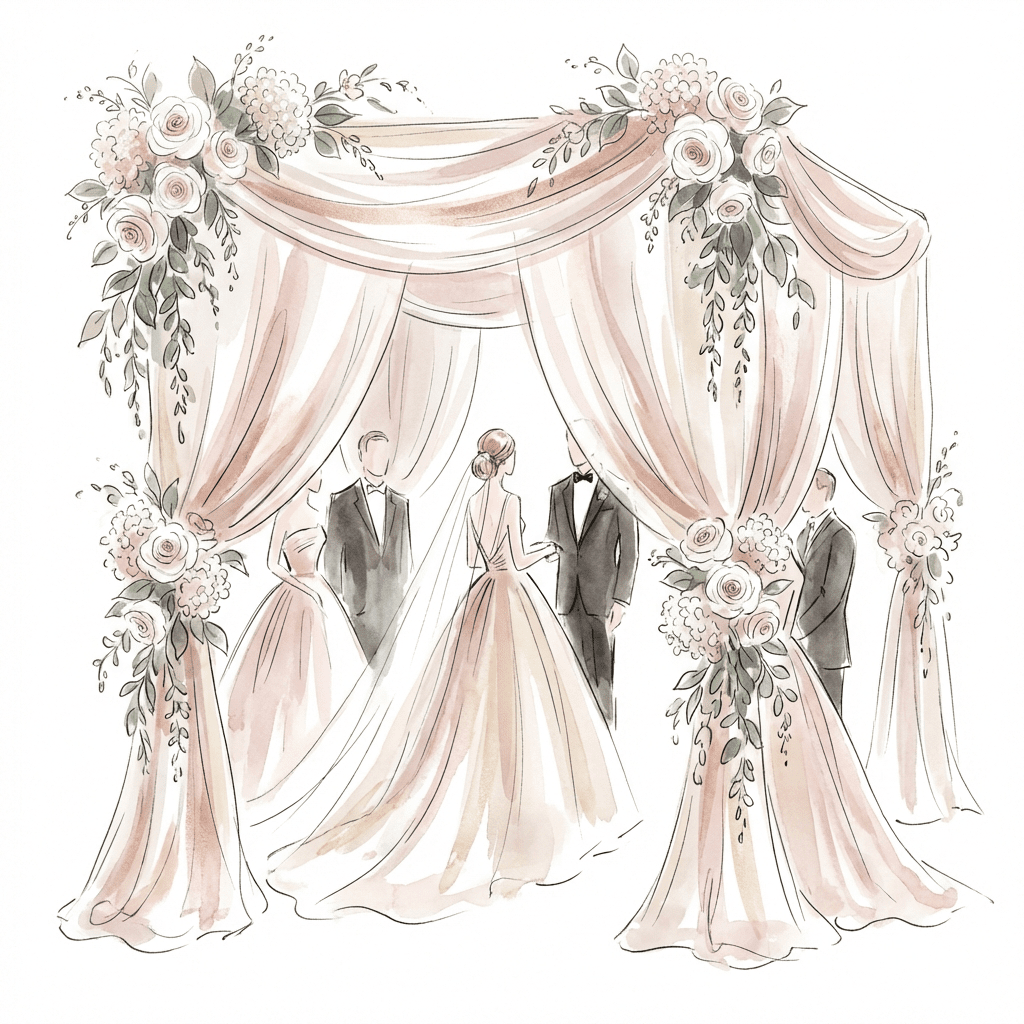 Beautiful chuppah adorned with white roses and hydrangeas for a Jewish wedding.