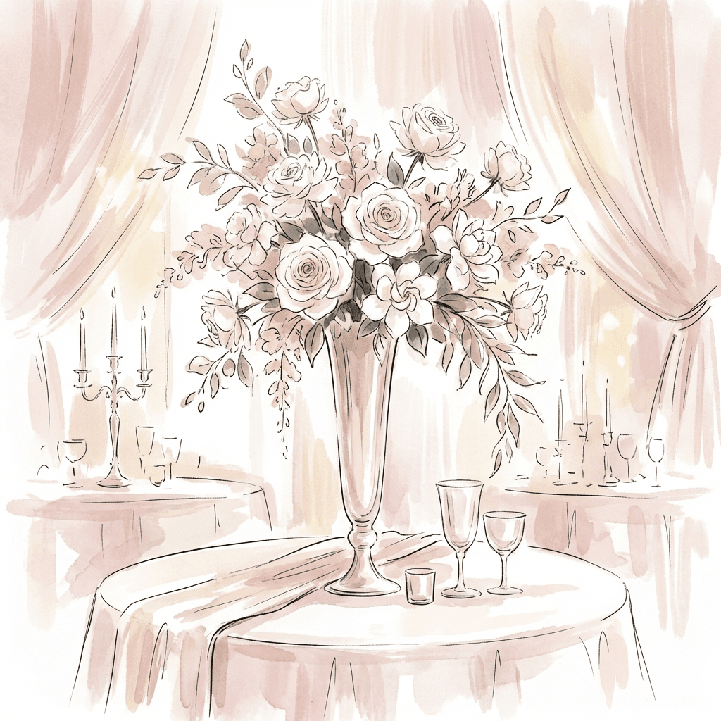 Elegant white rose centerpiece at a classic wedding reception.