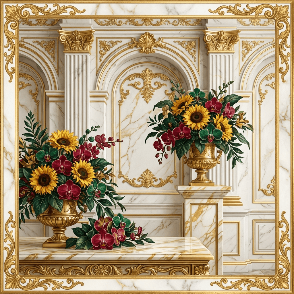 Elegant floral arrangement featuring sunflowers, orchids, and greenery for a company anniversary celebration.