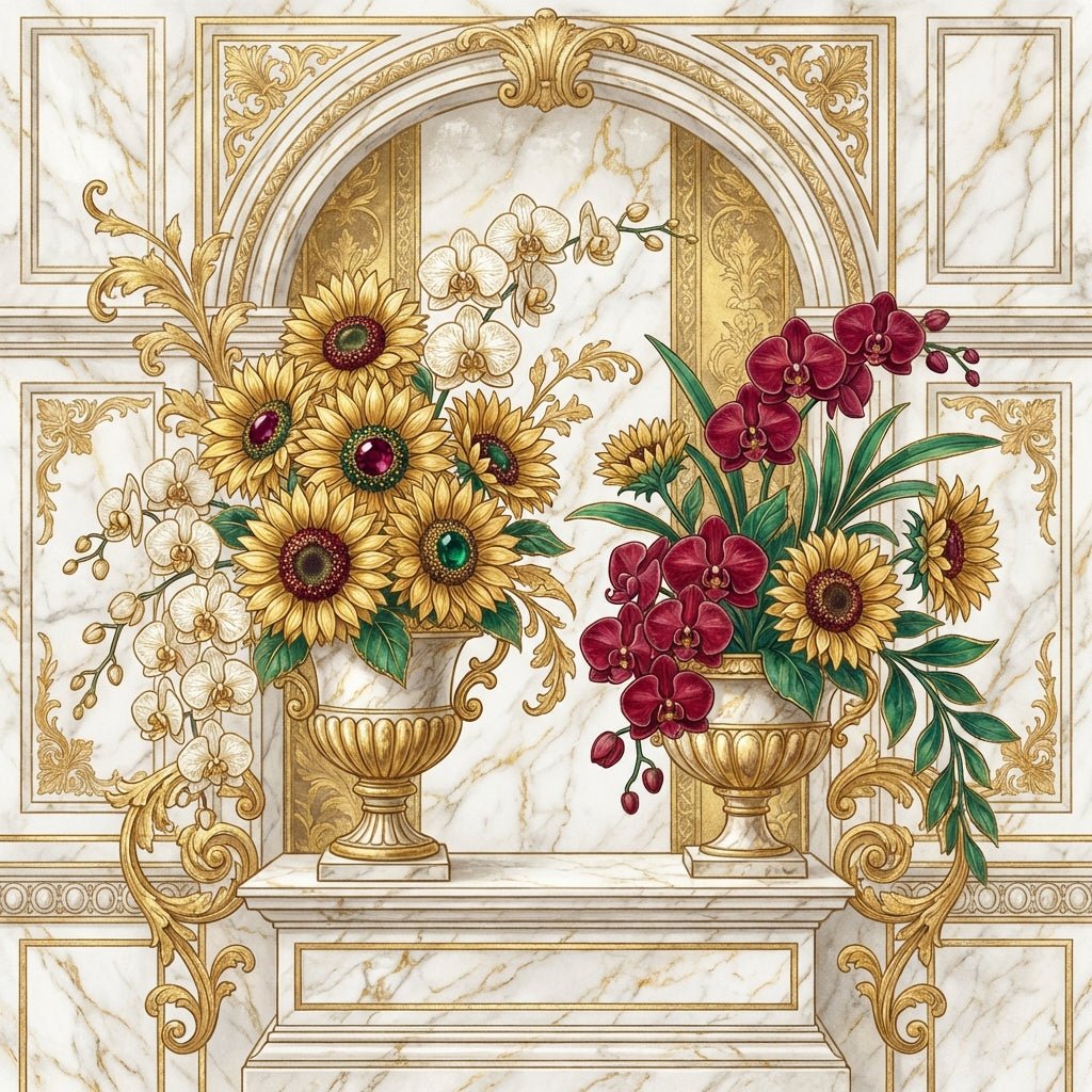 Elegant floral arrangement celebrating a company milestone with sunflowers and orchids.