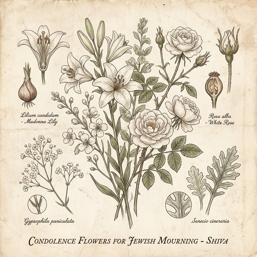 Elegant white sympathy flower arrangement for Shiva.